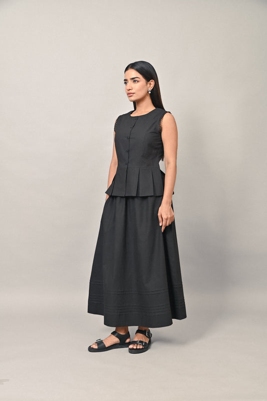 Black cotton peplum top and skirt set for women
