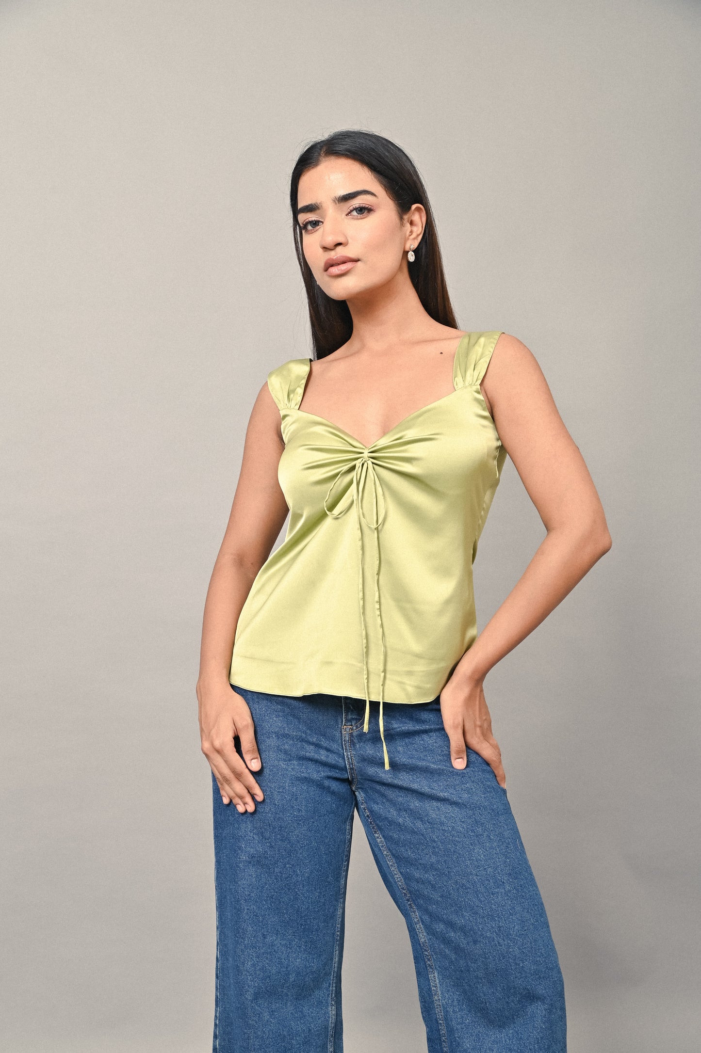 Satin fabric with adjustable front tie