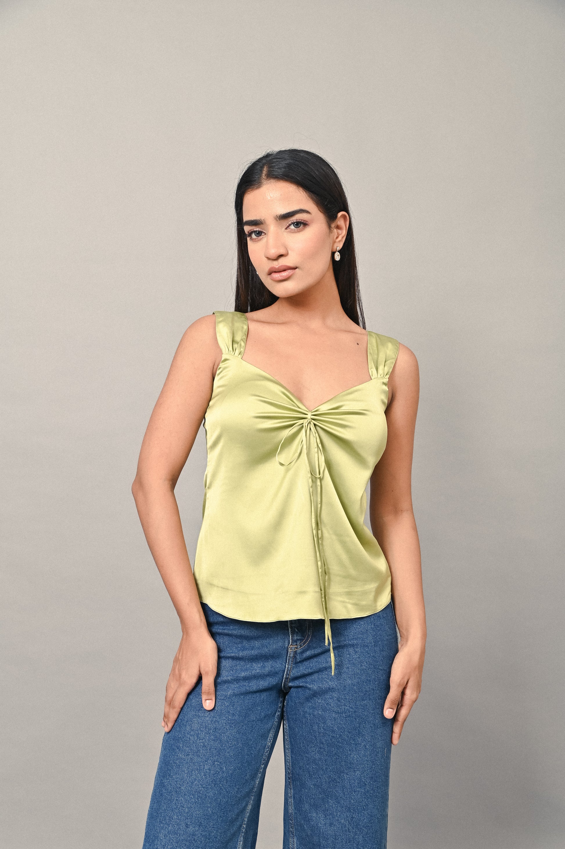 Olive satin top with front tie detail