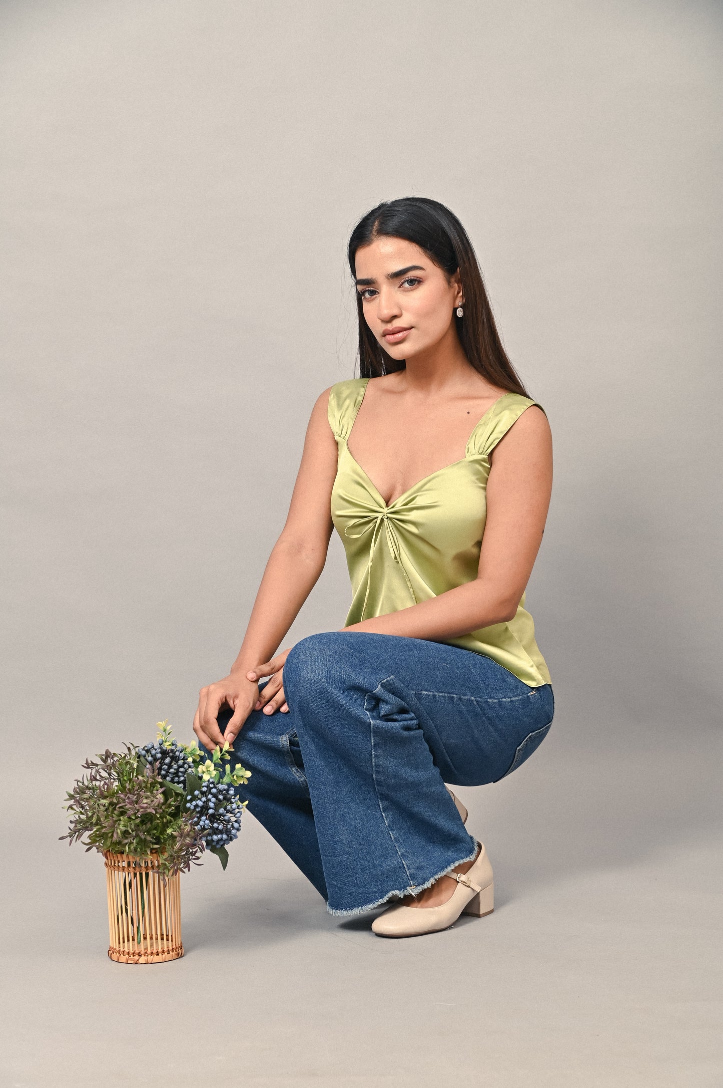 Olive satin top with front tie detail