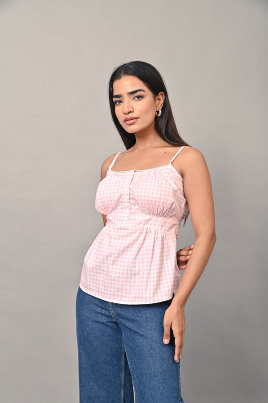 Blush check cotton cami top for women