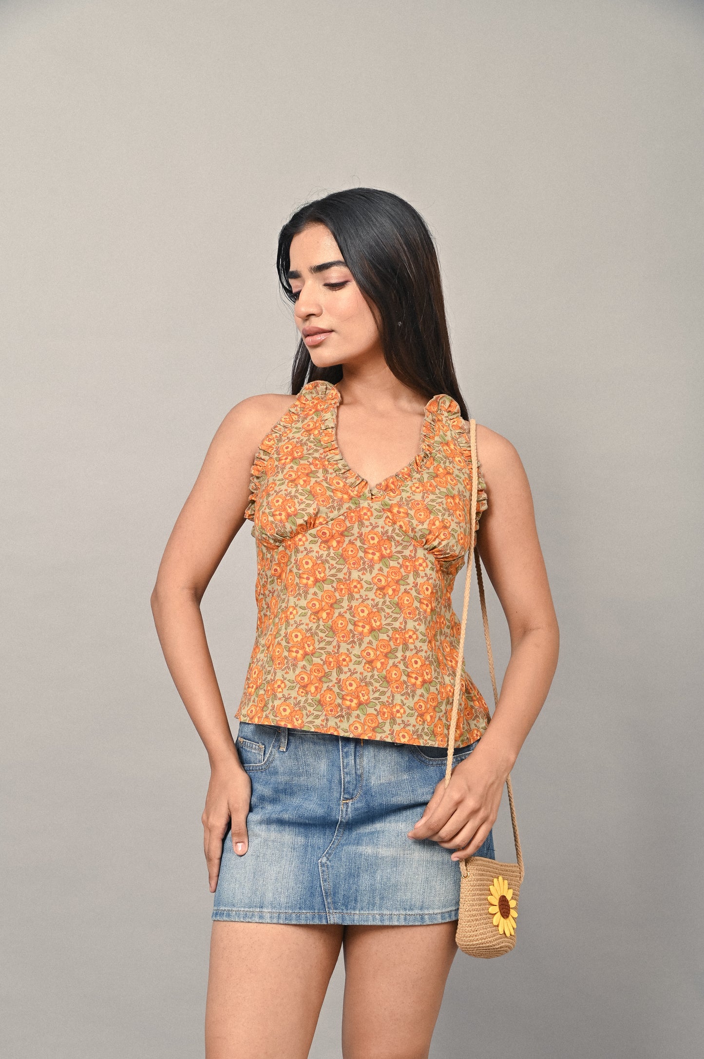Orange Bloom cotton halter top with floral print