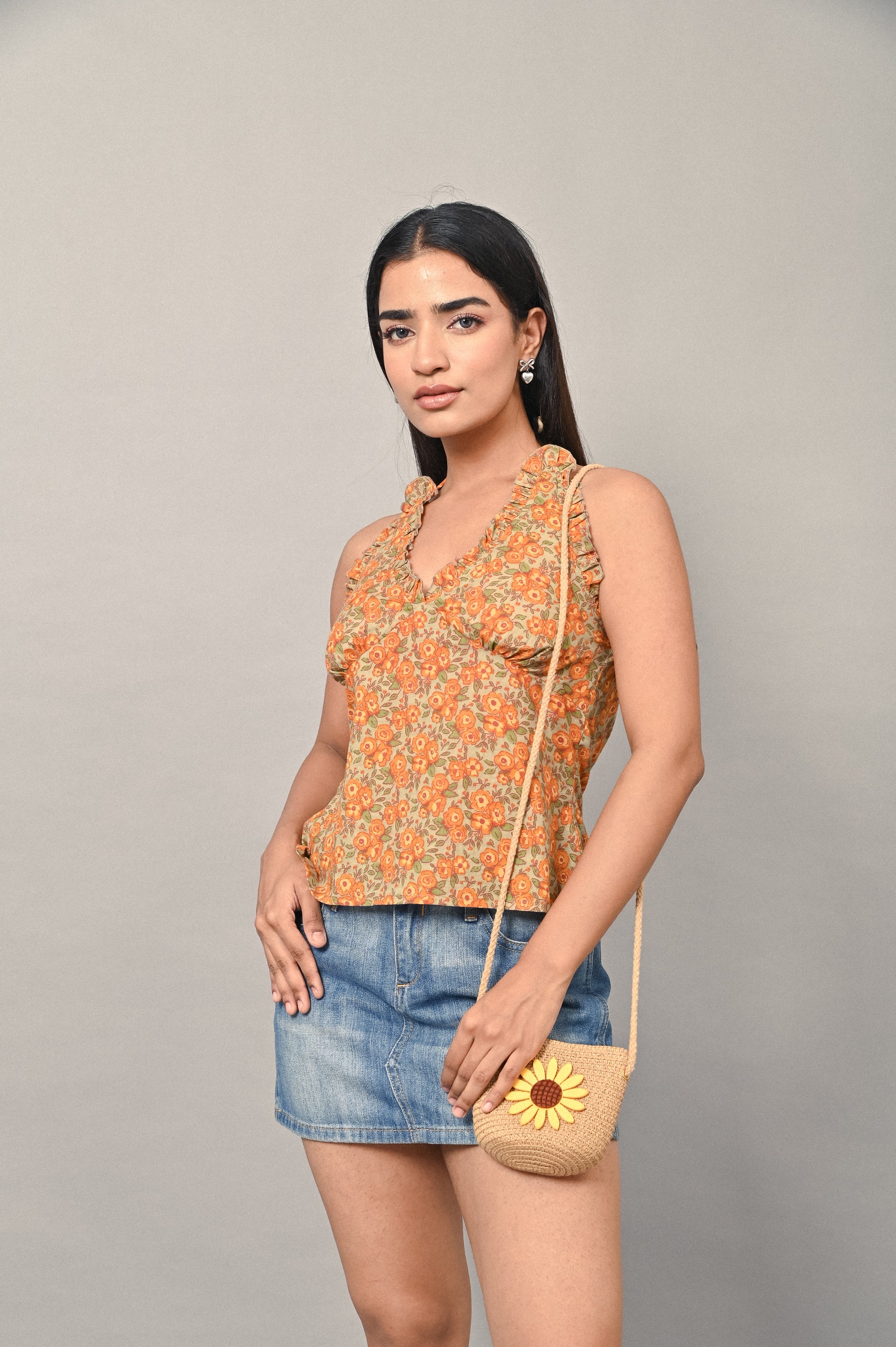 Orange Bloom cotton halter top with floral print