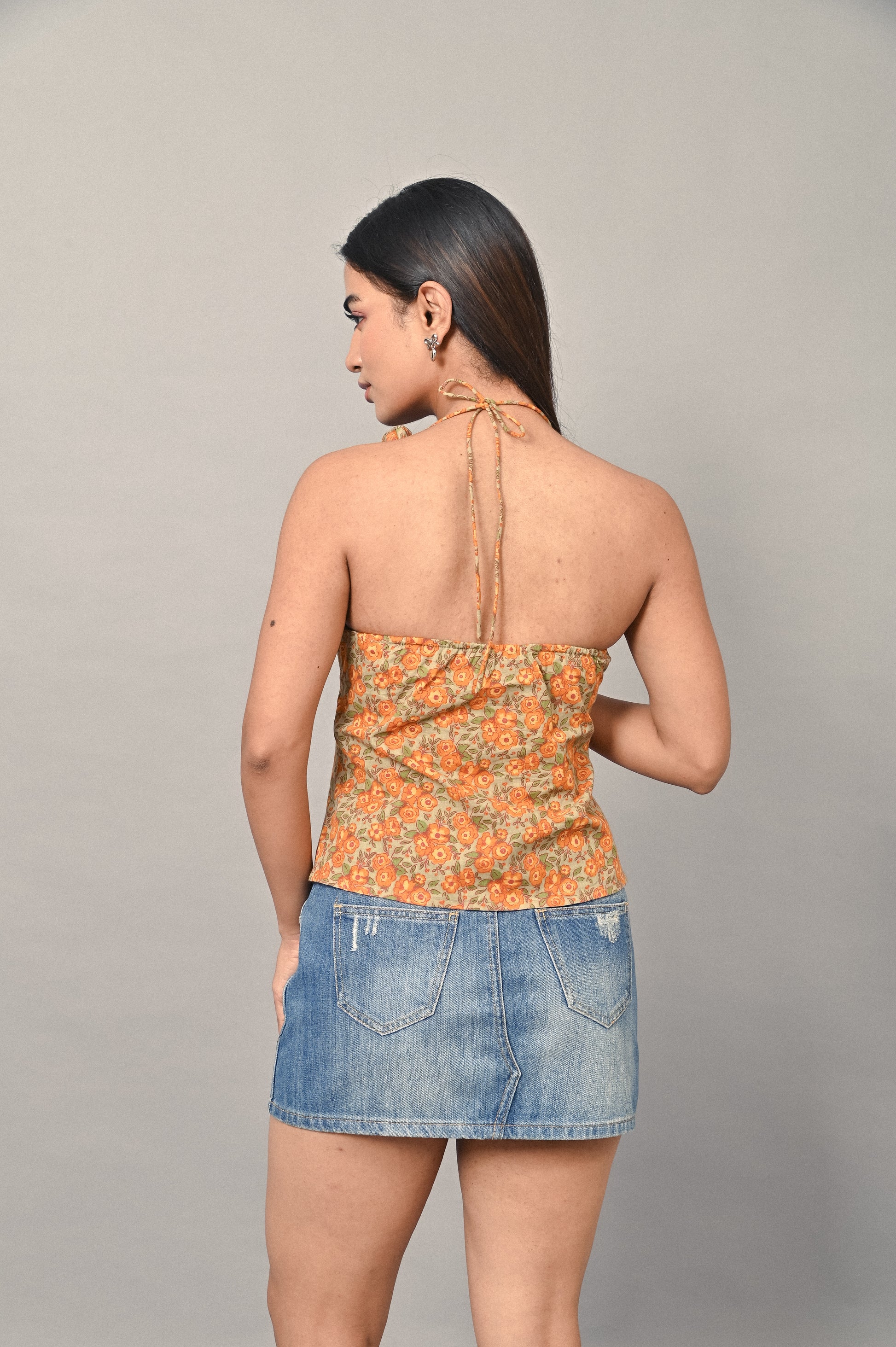 Cotton halter top with adjustable tie-up back