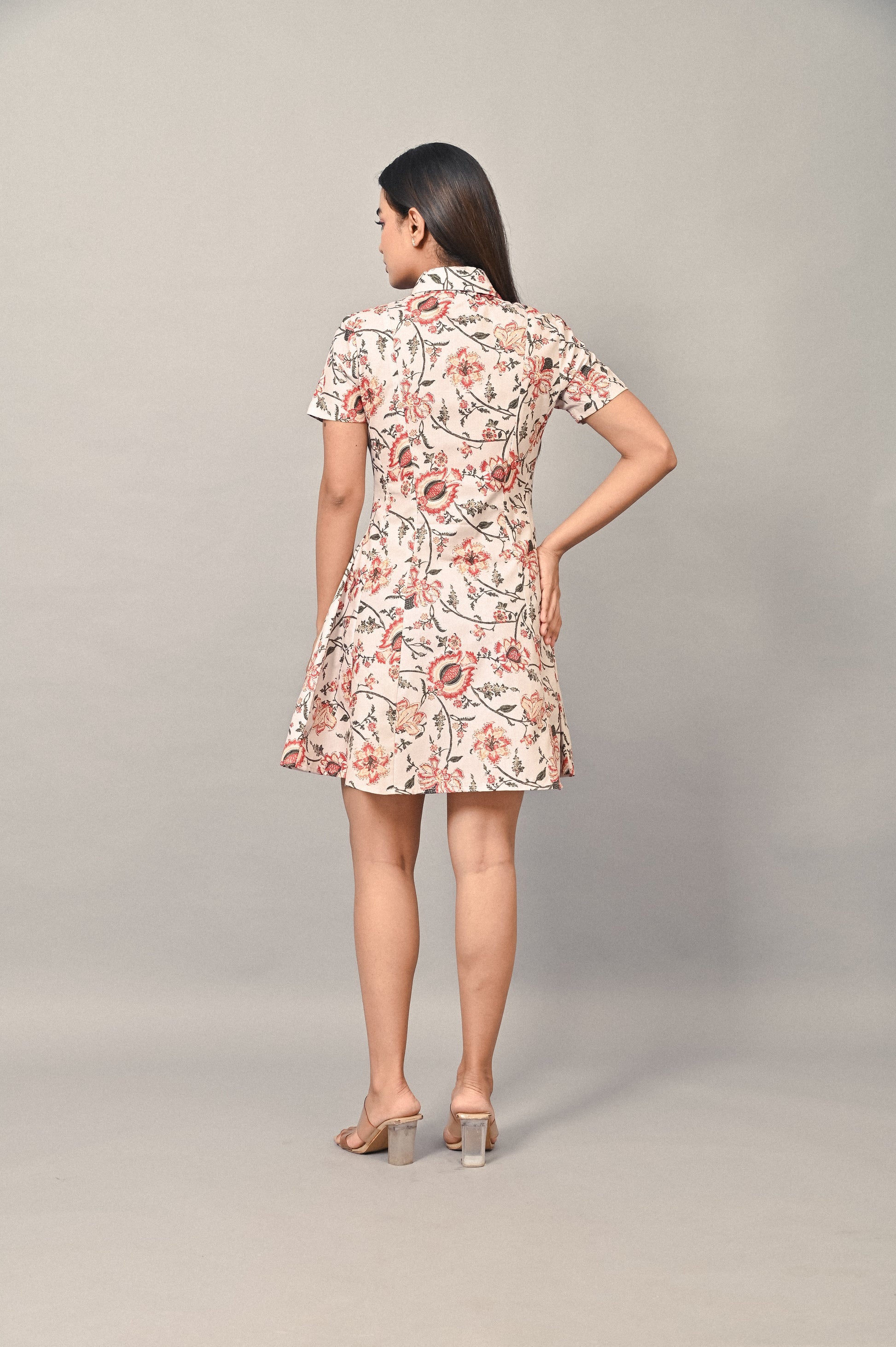 Button-down linen blend mini dress with collared neckline