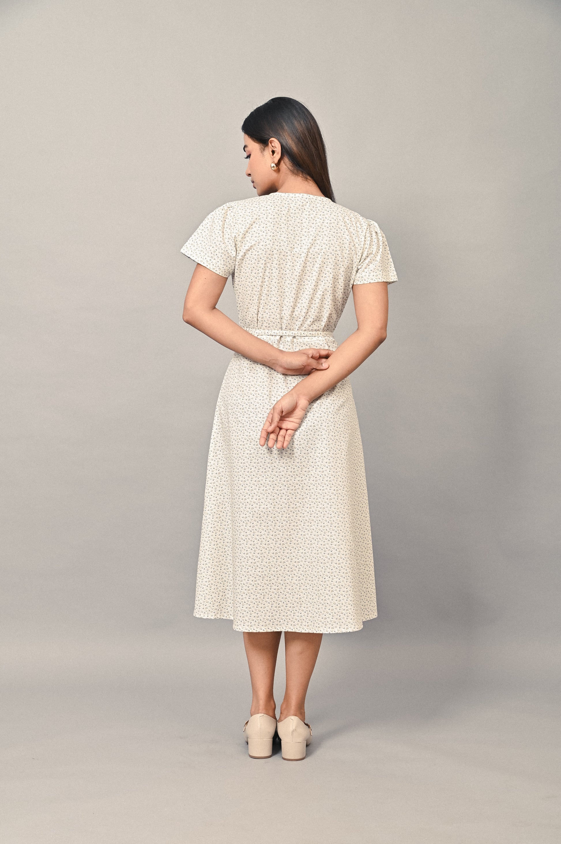 Floral cotton linen wrap dress back view