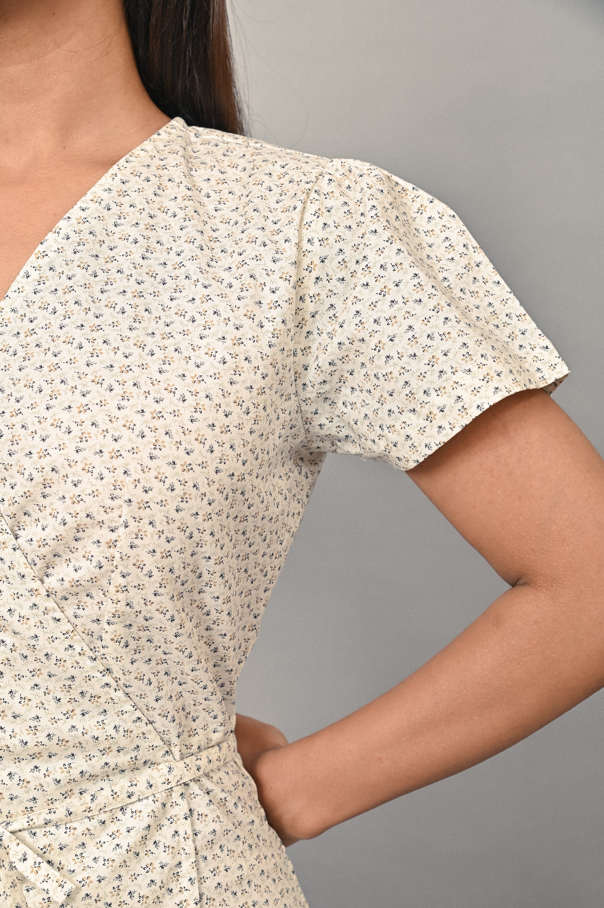 V neck floral wrap dress cotton linen