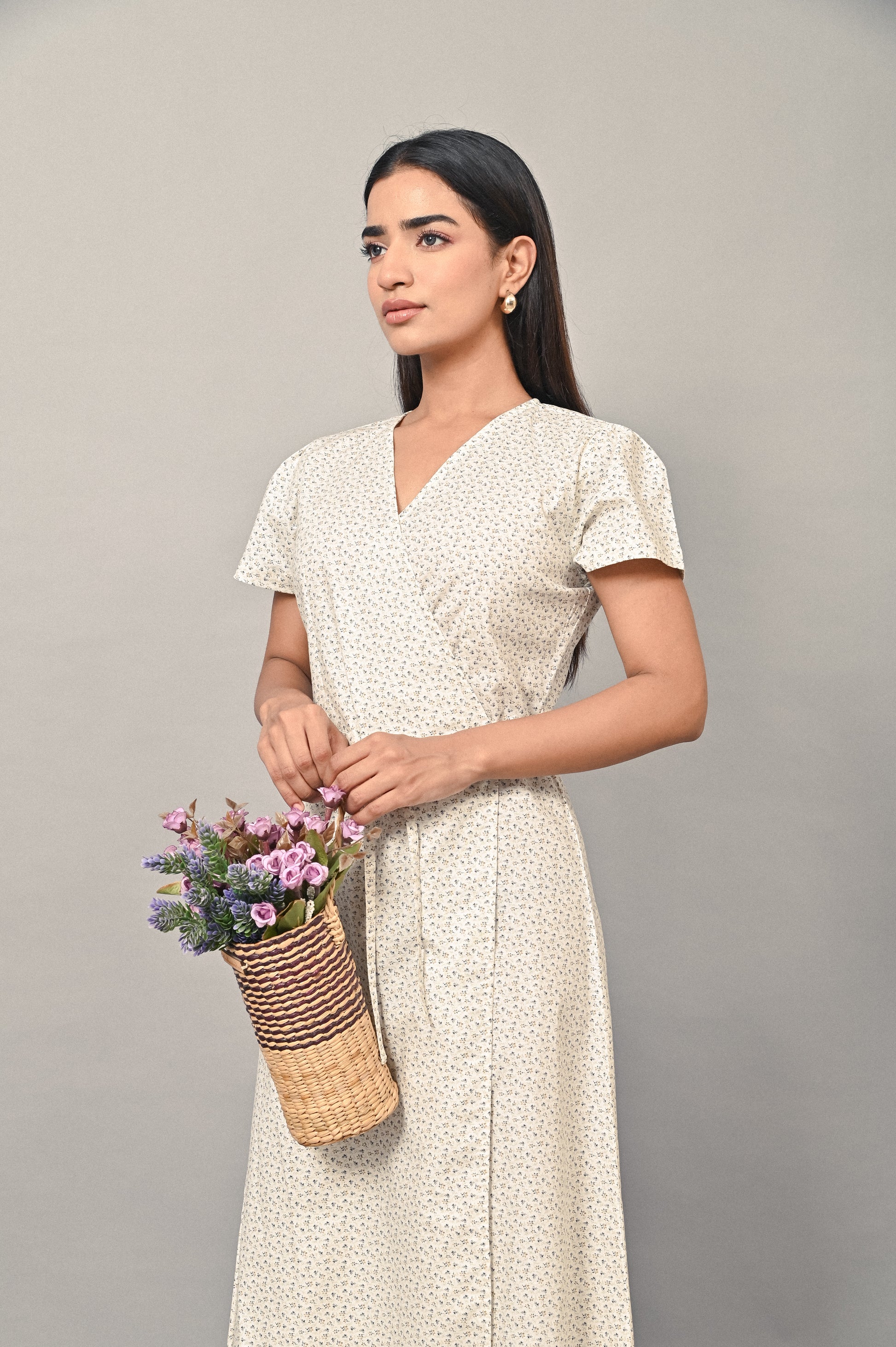 Wildflower cotton linen wrap midi dress for women