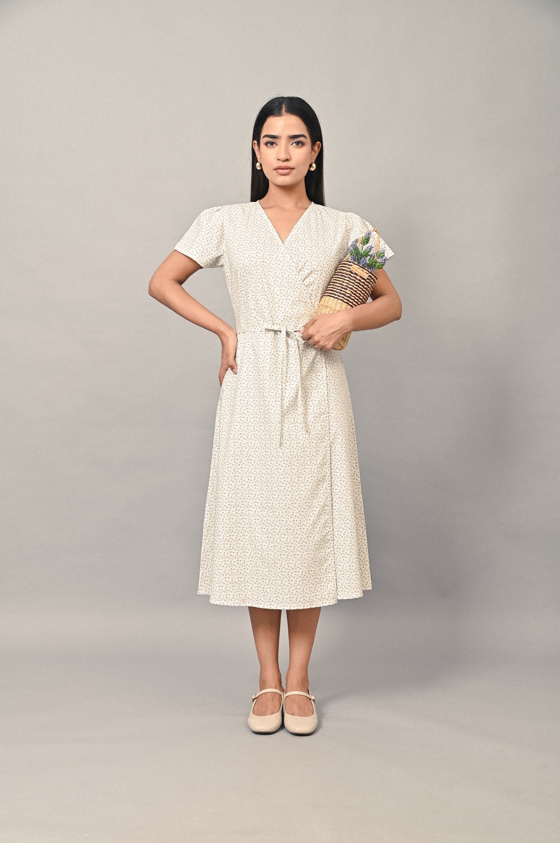 Wildflower cotton linen wrap midi dress for women