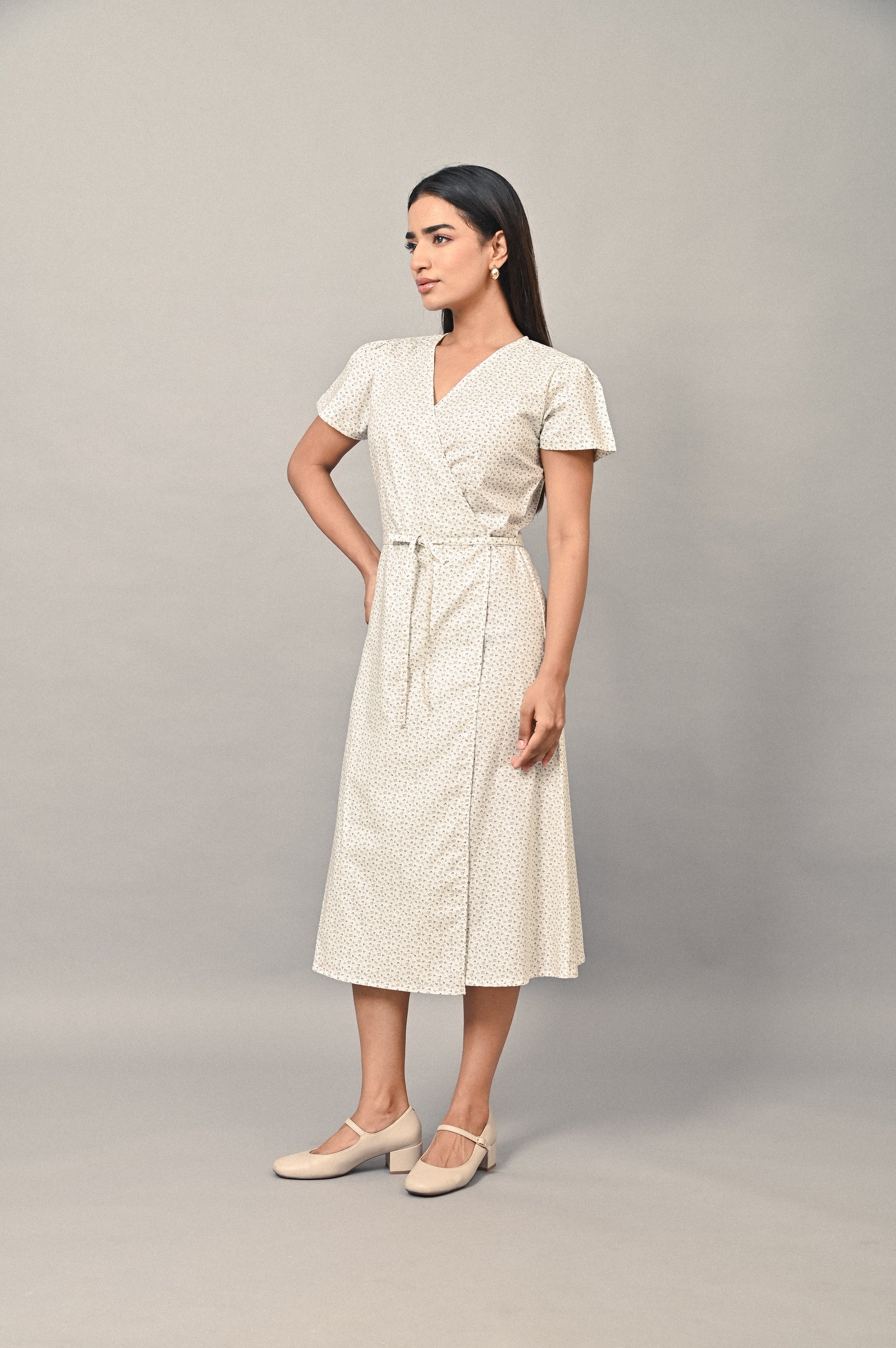 V neck floral wrap dress cotton linen