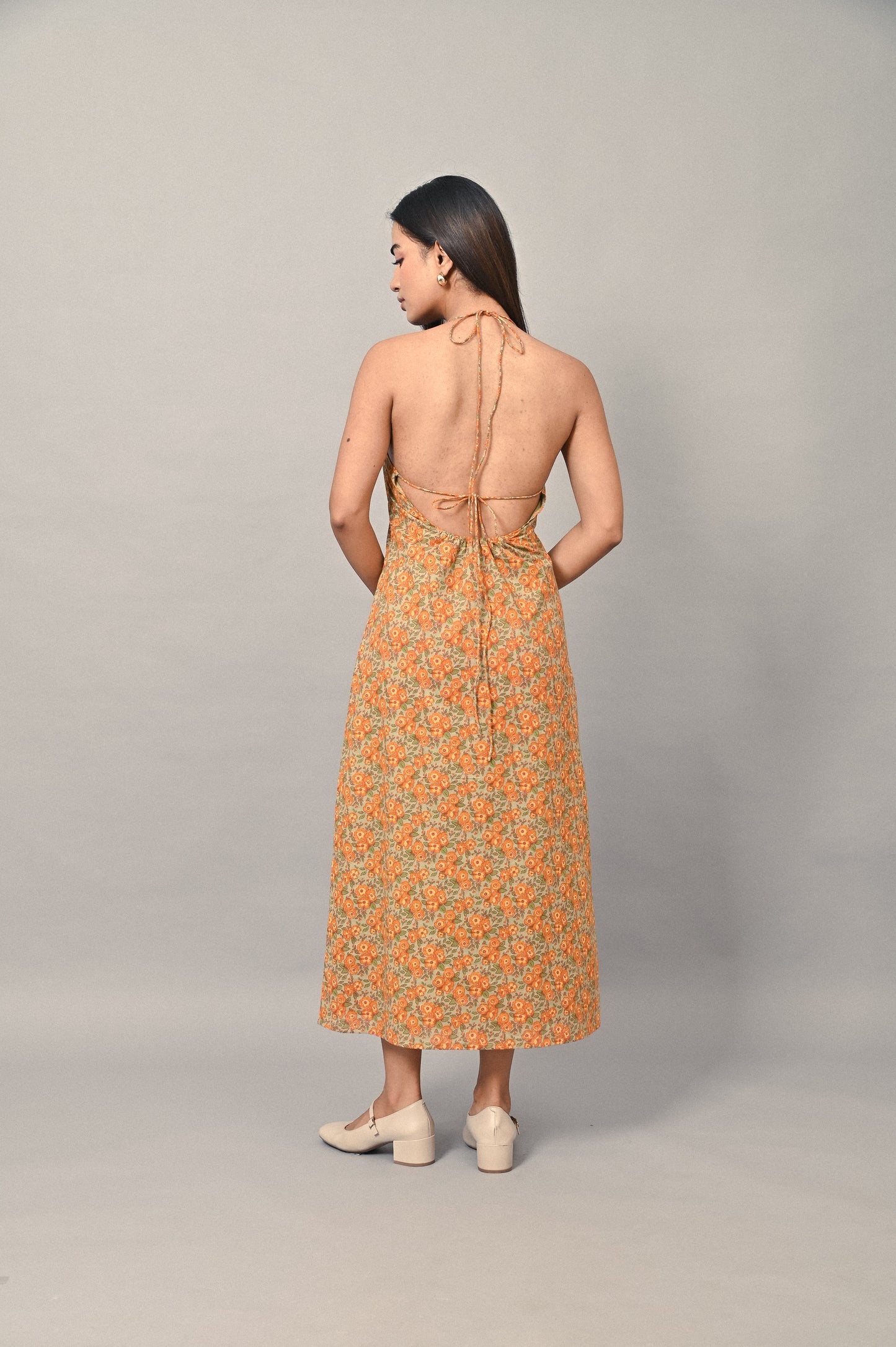 Open back halter cotton midi dress for women