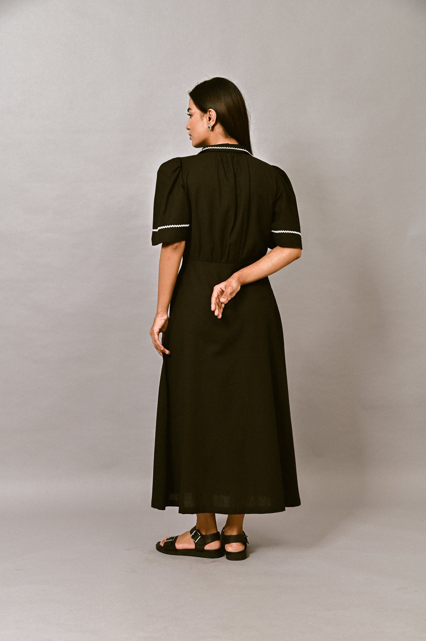 Black linen midi dress back view
