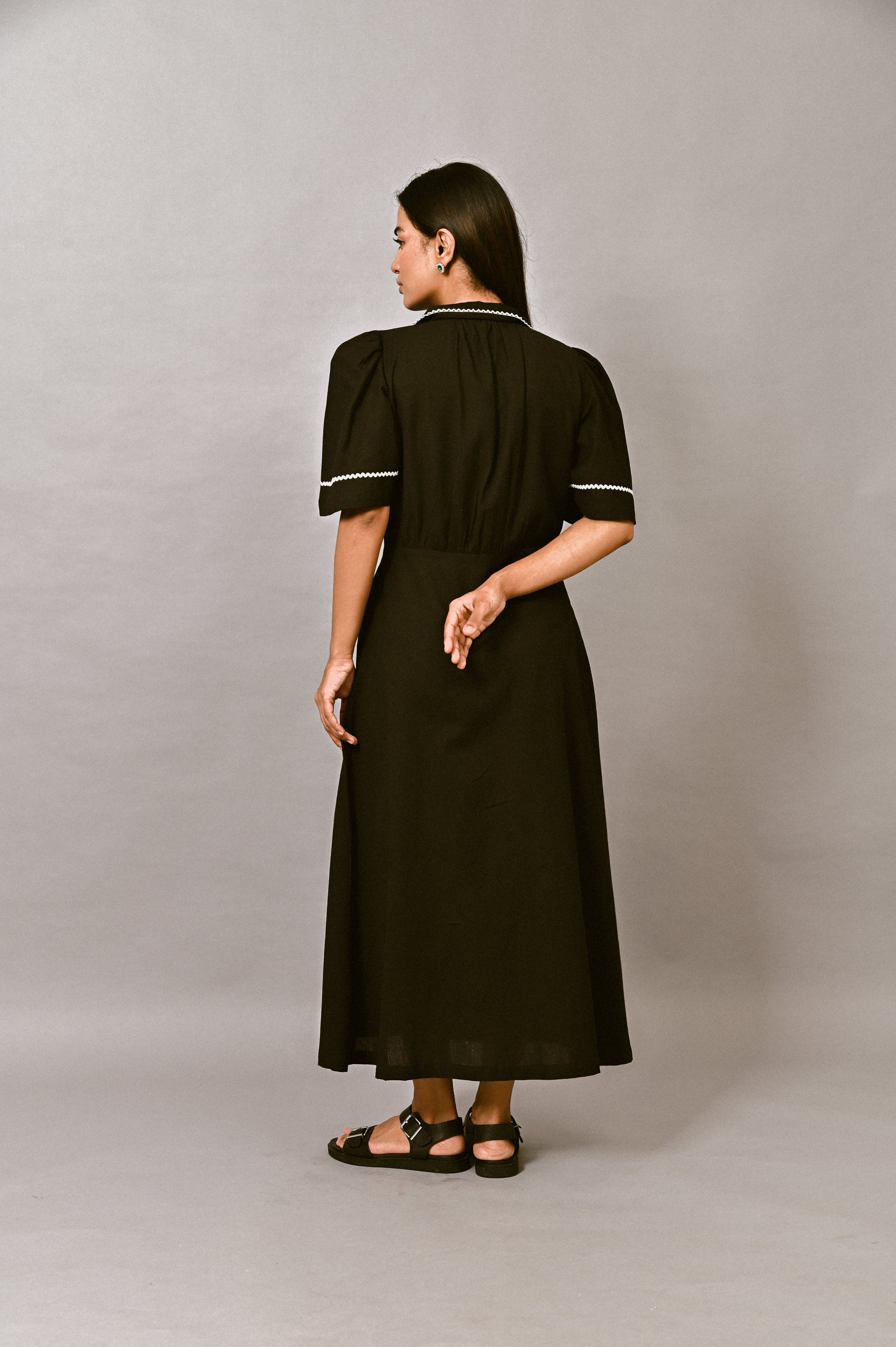 Black linen midi dress back view