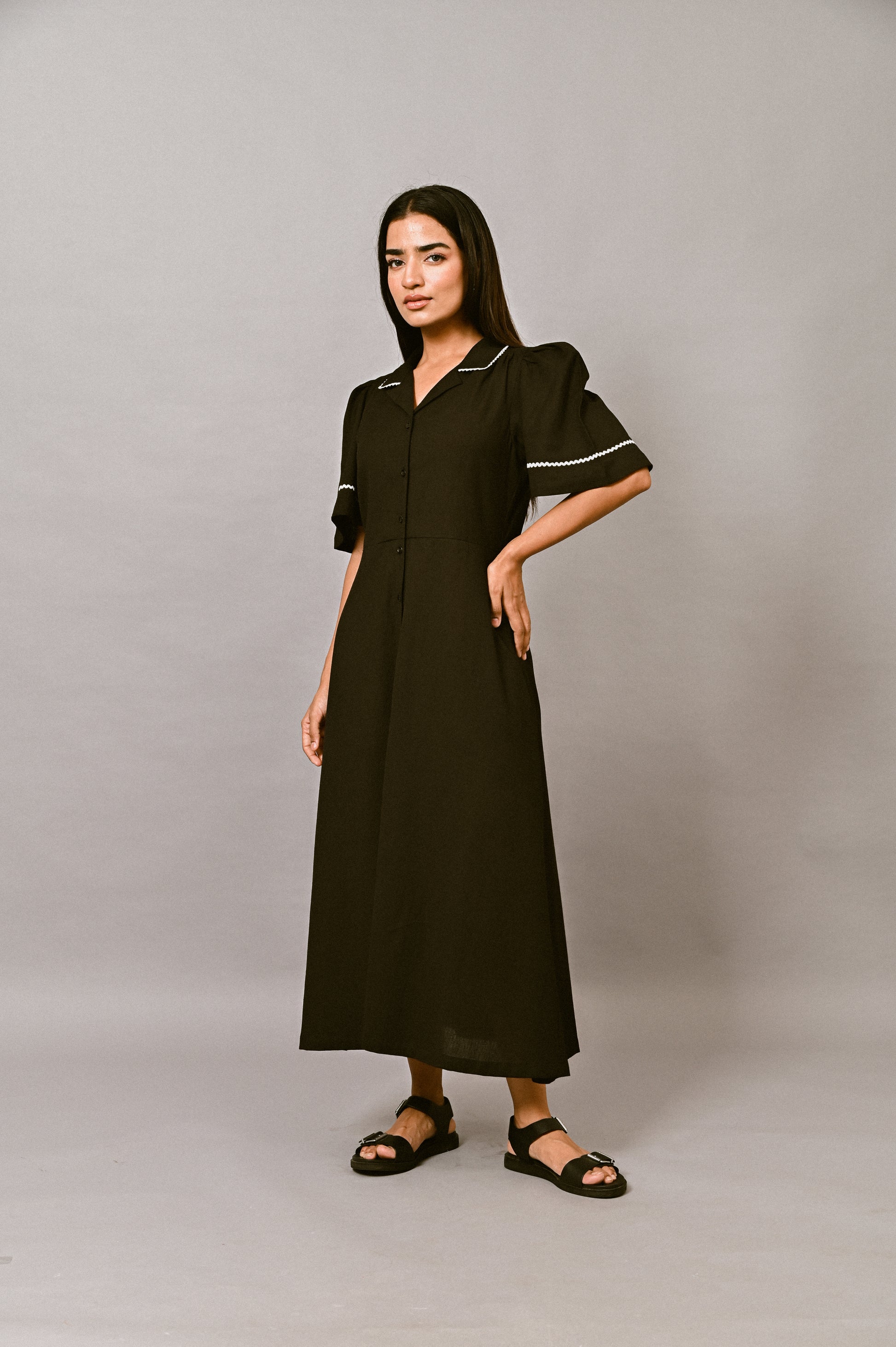 Black linen midi dress with button-down front