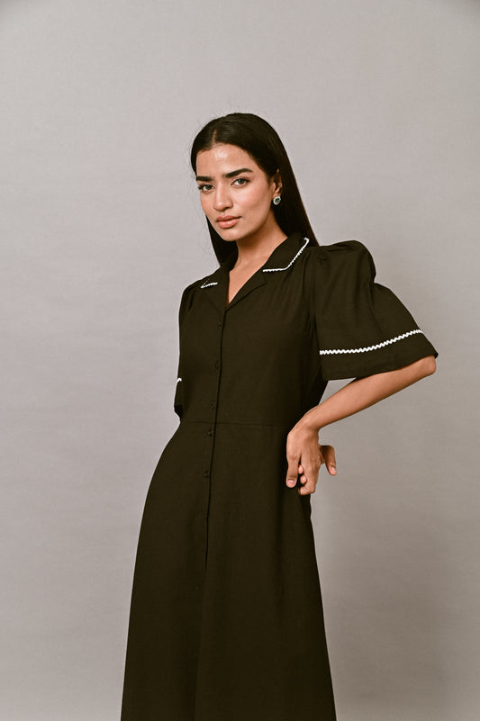 Black linen midi dress with button-down front