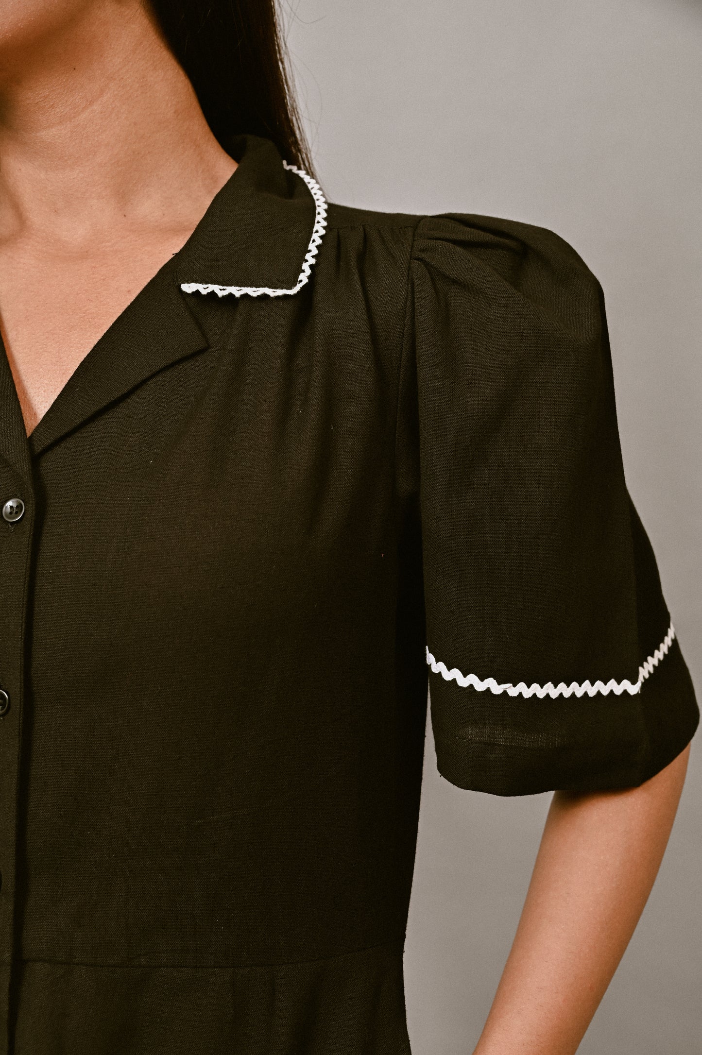Black linen dress with contrast scalloped collar detail