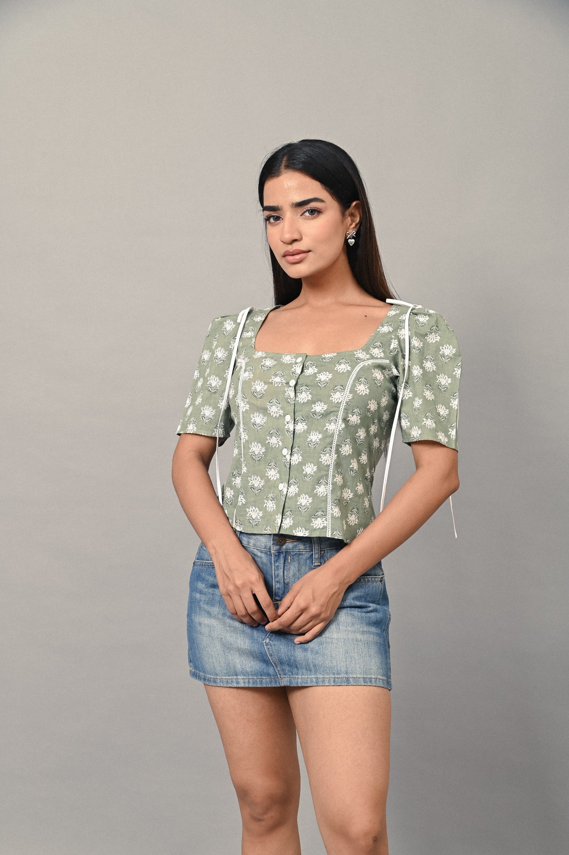 Sage Bloom cotton floral top with tie detail