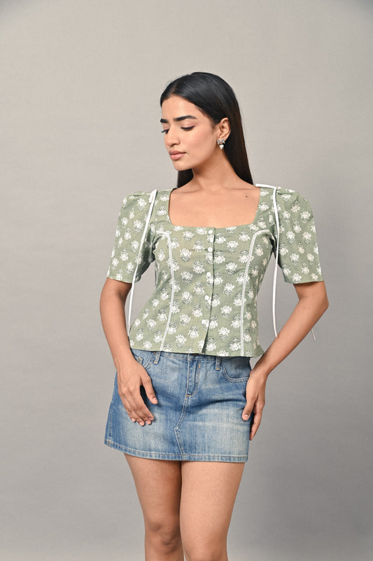 Sage Bloom cotton floral top with tie detail